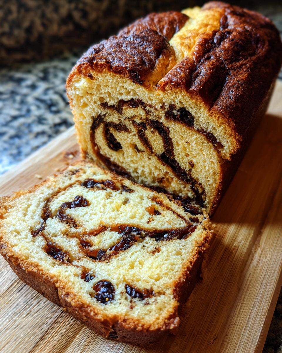 A golden loaf of swirled raisin bread, with one slice cut, showing the dark, sweet filling and plump raisins.