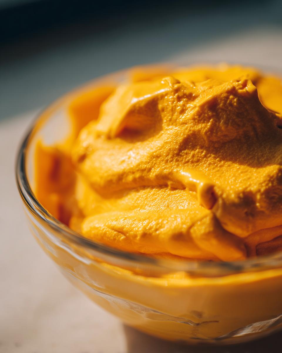 Close-up of thick, vibrant orange nacho cheese sauce mounded in a clear glass bowl.