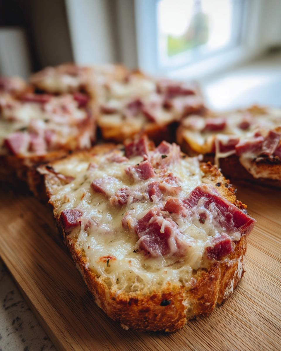 Close-up of toasted bread slices topped with melted cheese and diced corned beef, served as a way to eat reuben dip.