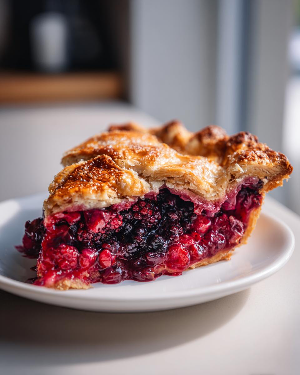A close-up of a thick slice of triple berry pie showing a dark, juicy berry filling and a golden, flaky crust.