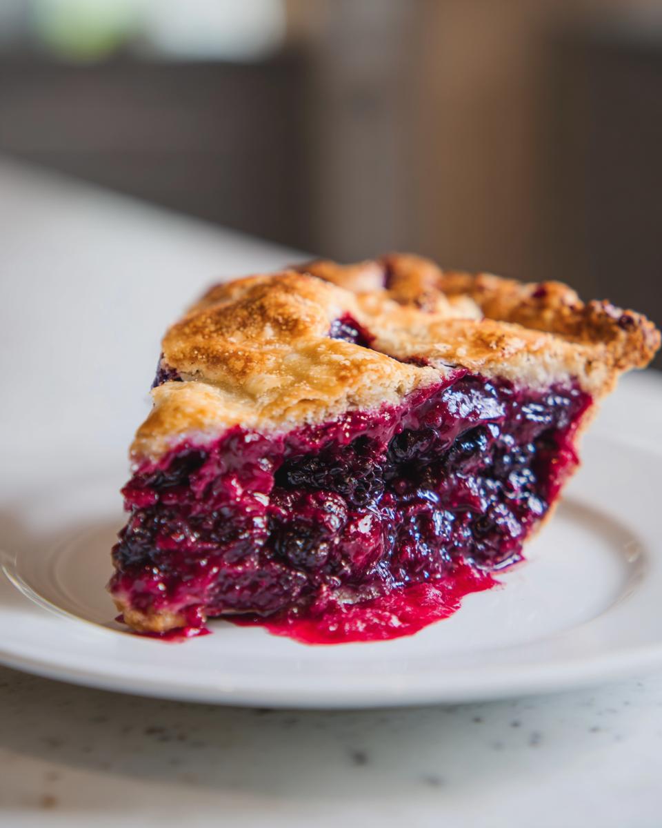 A close-up of a thick slice of triple berry pie showing the deep purple, juicy filling and flaky golden crust.