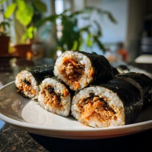 A stack of freshly cut tuna kimbap rolls on a white plate, showing the rice, seaweed, and savory tuna filling.
