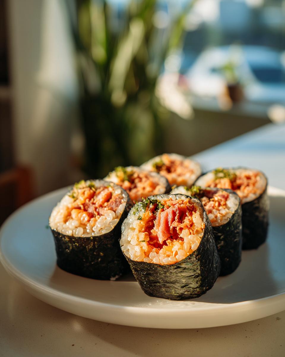 Six pieces of freshly cut tuna kimbap arranged on a white plate, showing the seasoned rice and tuna filling.