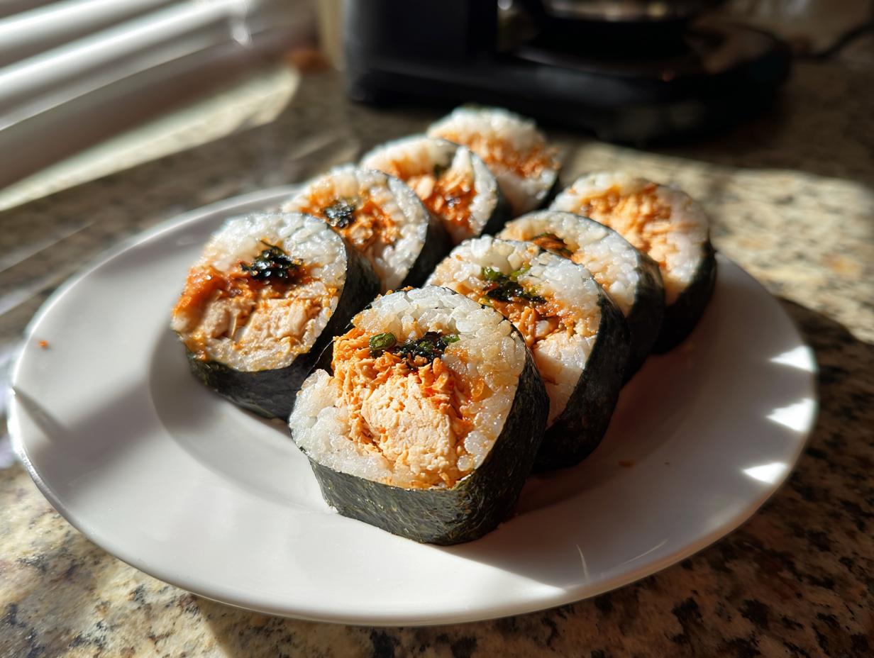 Several slices of homemade tuna kimbap arranged on a white plate, showing the rice, seaweed wrap, and spicy tuna filling.