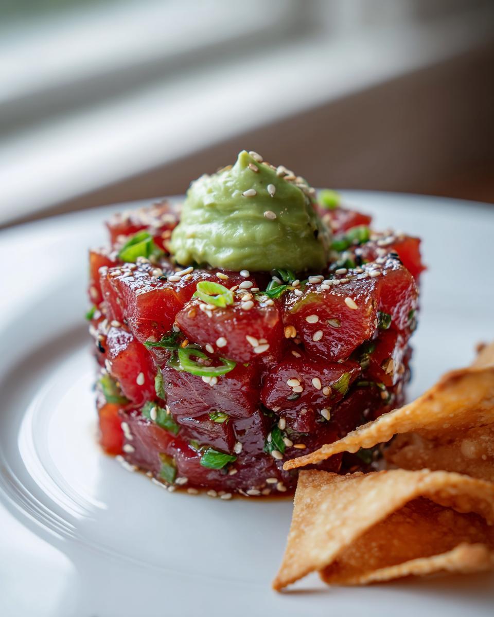 Close-up of stacked, glistening tuna tartare garnished with sesame seeds, green onions, and a dollop of avocado puree.