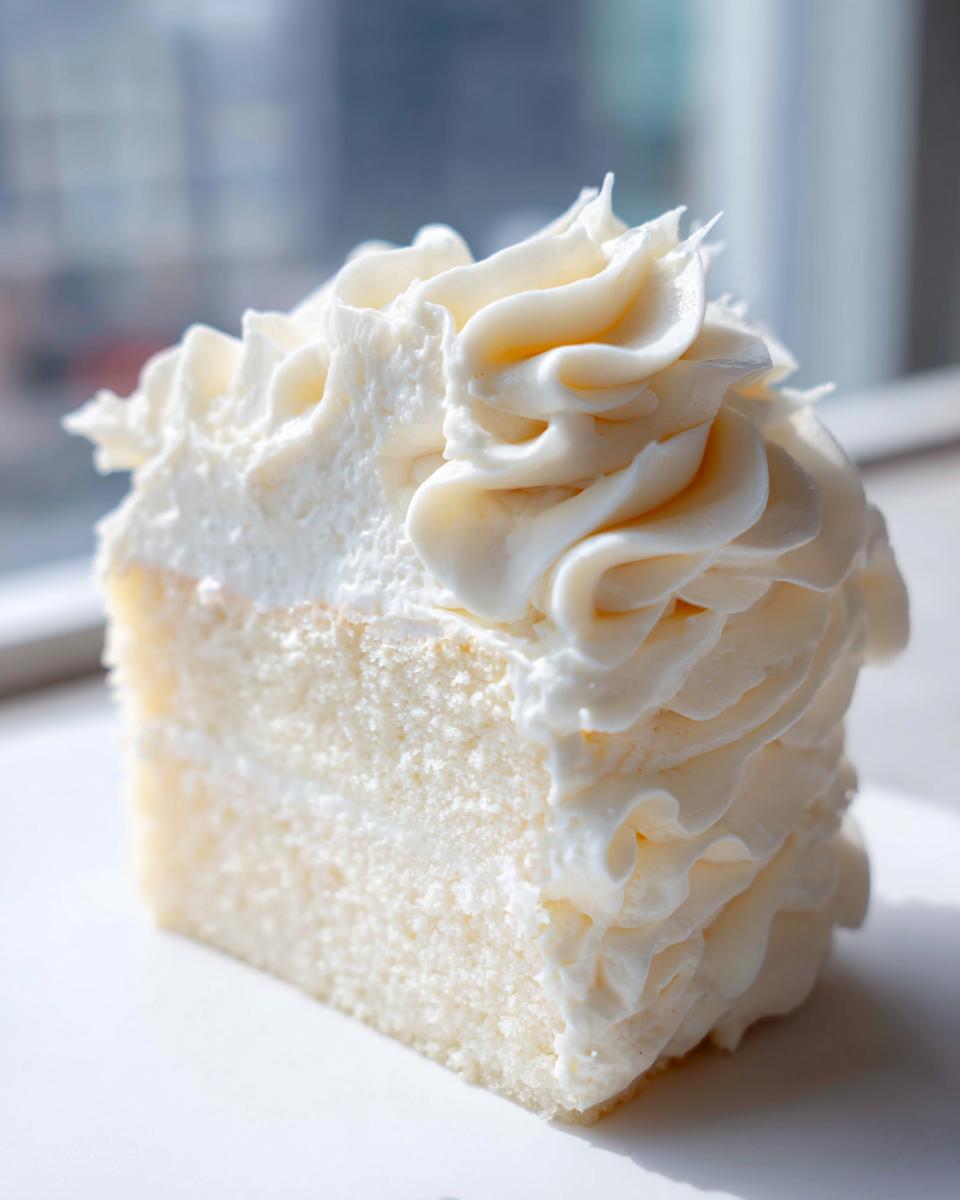 Close-up of a slice of white cake generously topped with piped swirls of light, fluffy vanilla buttercream.