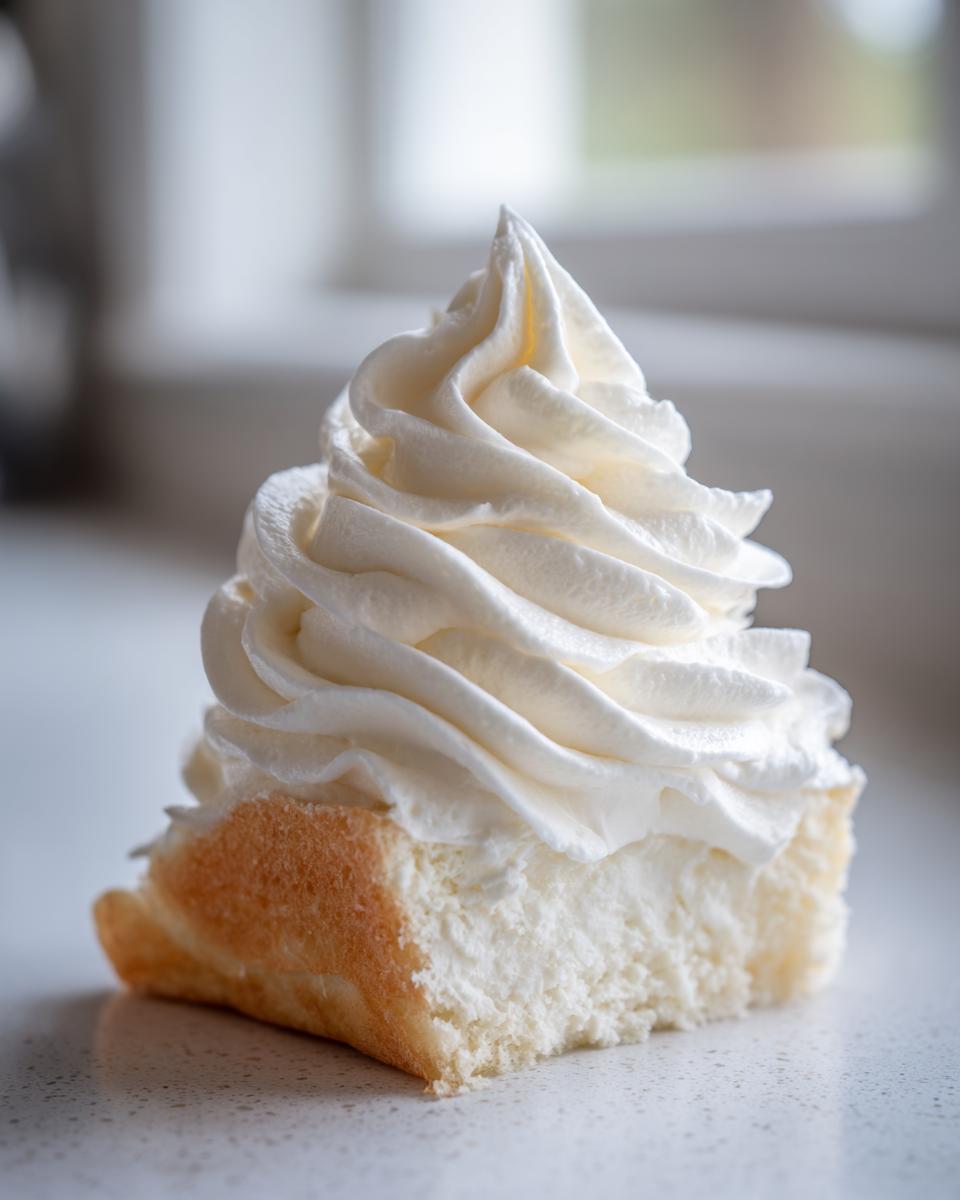 A close-up of a slice of cake topped with a tall, perfectly piped swirl of white vanilla buttercream frosting.