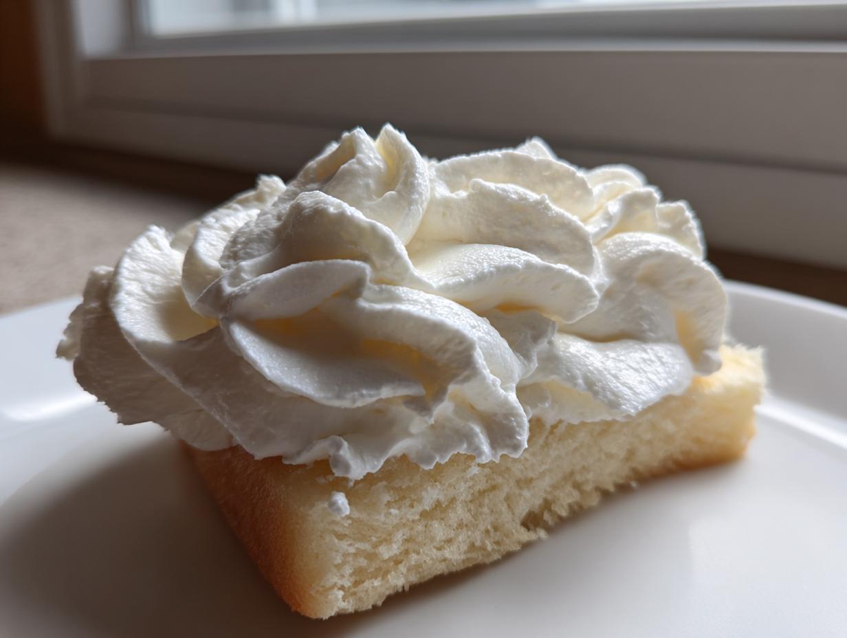 A close-up of a small slice of light cake generously topped with swirls of fluffy vanilla buttercream frosting.
