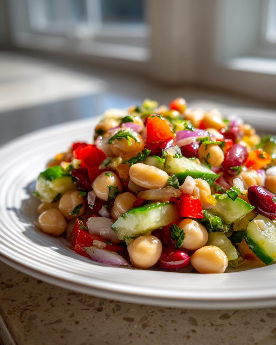 Close-up of a fresh bean salad featuring chickpeas, kidney beans, cucumber, red onion, and tomatoes on a white plate.