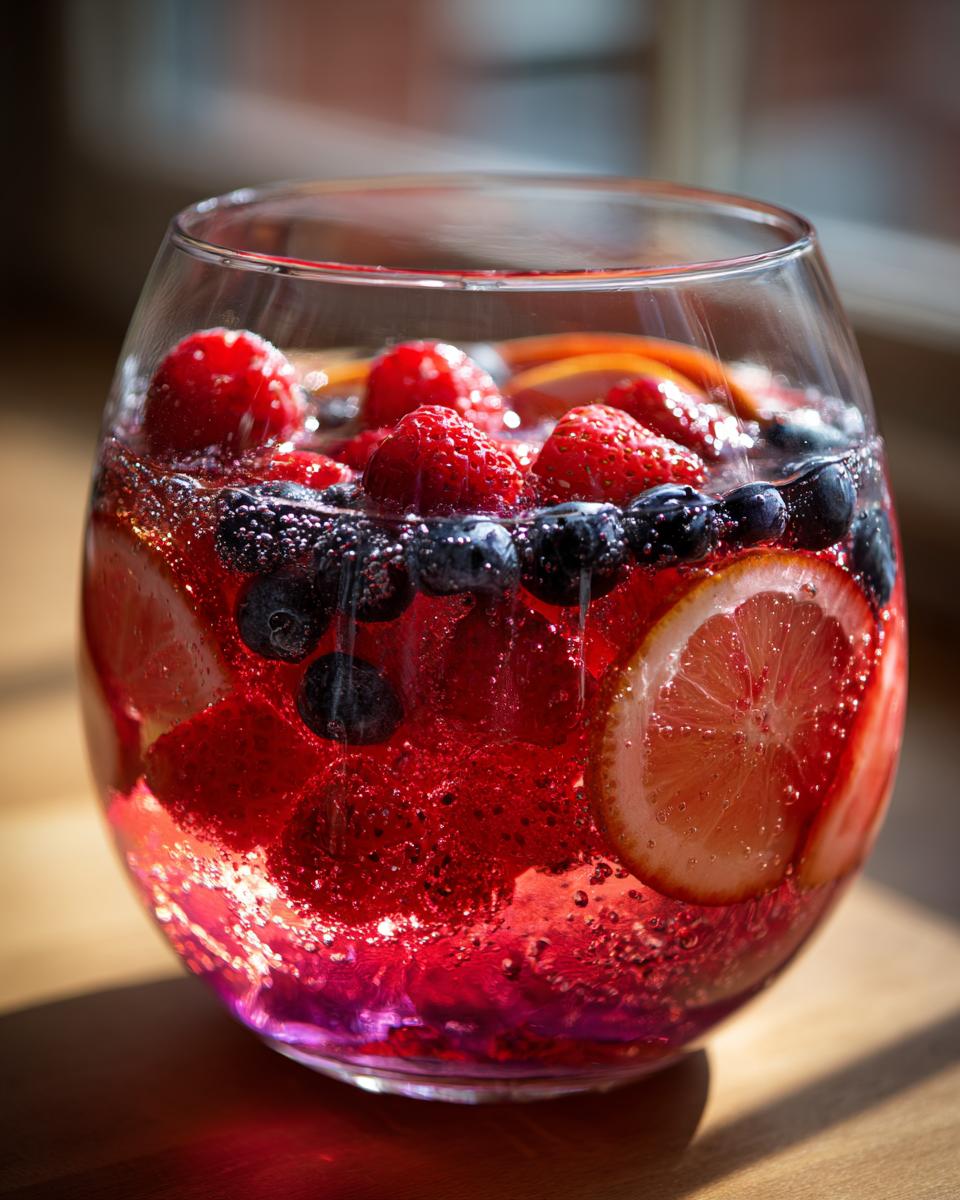 Close-up of a glass filled with effervescent red champagne punch loaded with raspberries, blueberries, and citrus slices.