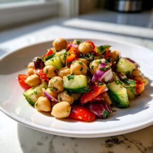 Close-up of a fresh chickpea bean salad featuring cucumber, red onion, tomatoes, and herbs on a white plate.