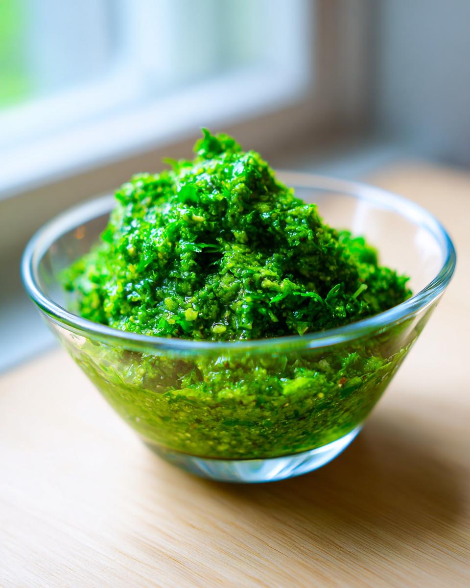 A close-up of vibrant, chunky green tomato salsa piled high in a clear glass bowl.
