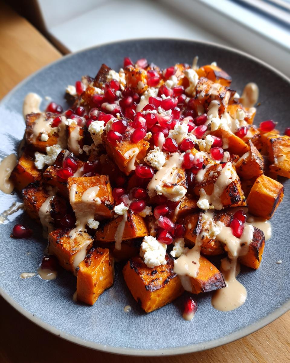 Close-up of a vibrant sweet potato salad featuring roasted orange cubes, white feta cheese, bright red pomegranate seeds, and a creamy dressing.