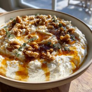 A creamy bowl of whipped ricotta dip topped with walnuts, drizzled honey, and fresh thyme sprigs.