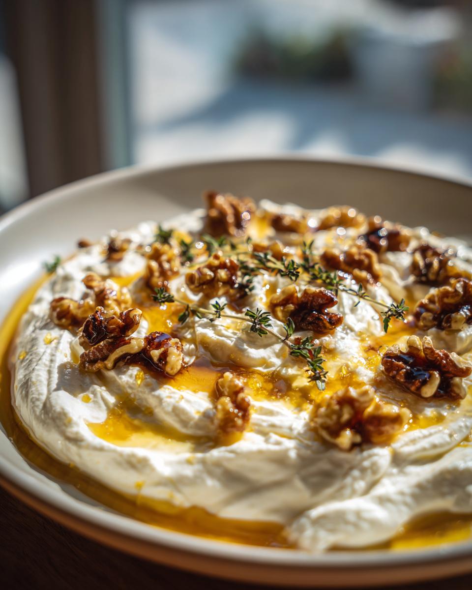Close-up of a creamy whipped ricotta dip topped with walnuts, honey drizzle, and fresh thyme sprigs.
