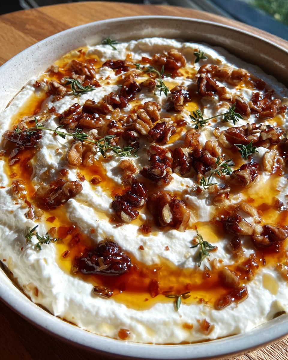 Close-up of creamy whipped ricotta dip topped with caramelized walnuts, honey drizzle, and fresh thyme sprigs.