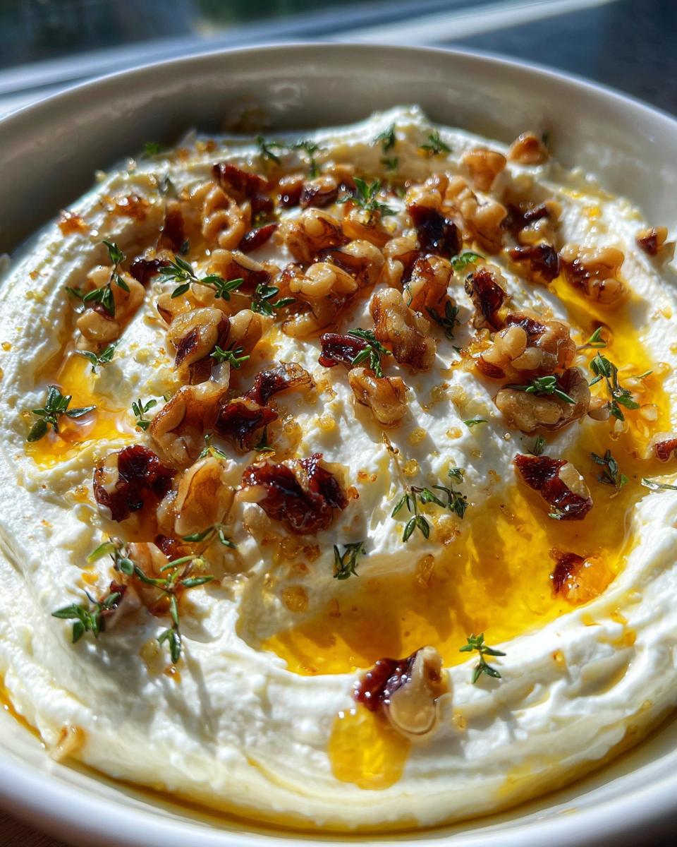 Close-up of creamy whipped ricotta dip topped with candied walnuts, fresh thyme, and a drizzle of golden honey.