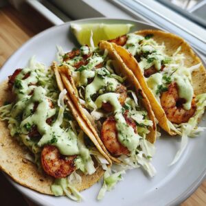 Three fully loaded shrimp taco shells filled with cabbage slaw, grilled shrimp, and drizzled with a creamy green sauce.