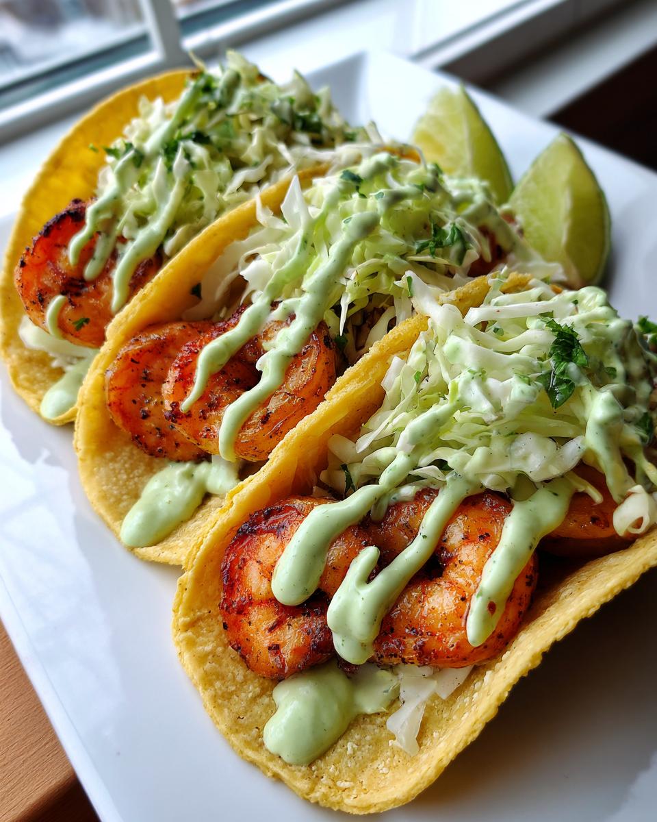 Three delicious shrimp taco shells filled with seasoned shrimp, cabbage slaw, and drizzled with a bright green sauce.