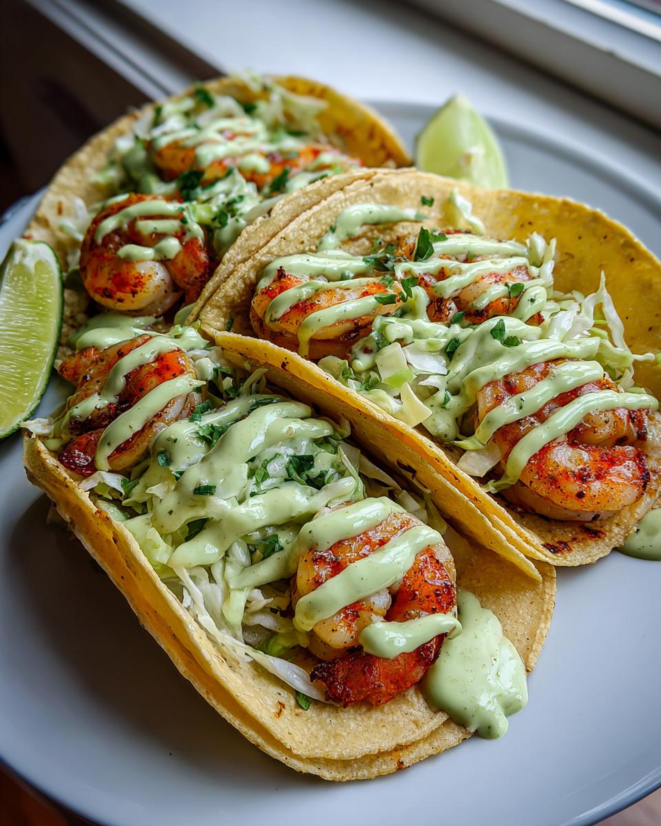 Close-up of three delicious shrimp taco shells filled with cabbage, seasoned shrimp, and drizzled with a vibrant green sauce.