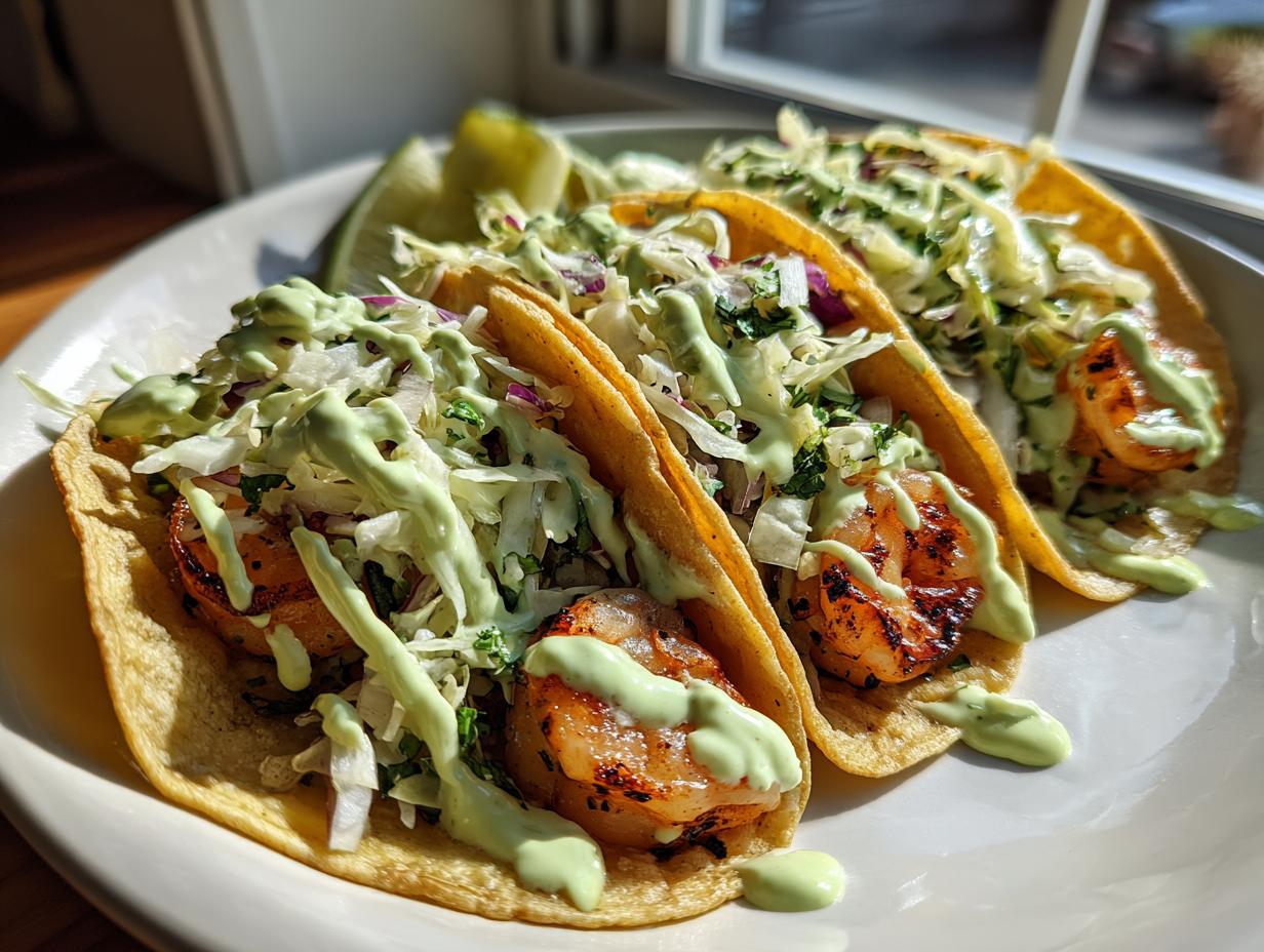 Three delicious shrimp taco shells filled with grilled shrimp, cabbage slaw, and drizzled generously with a creamy green sauce.