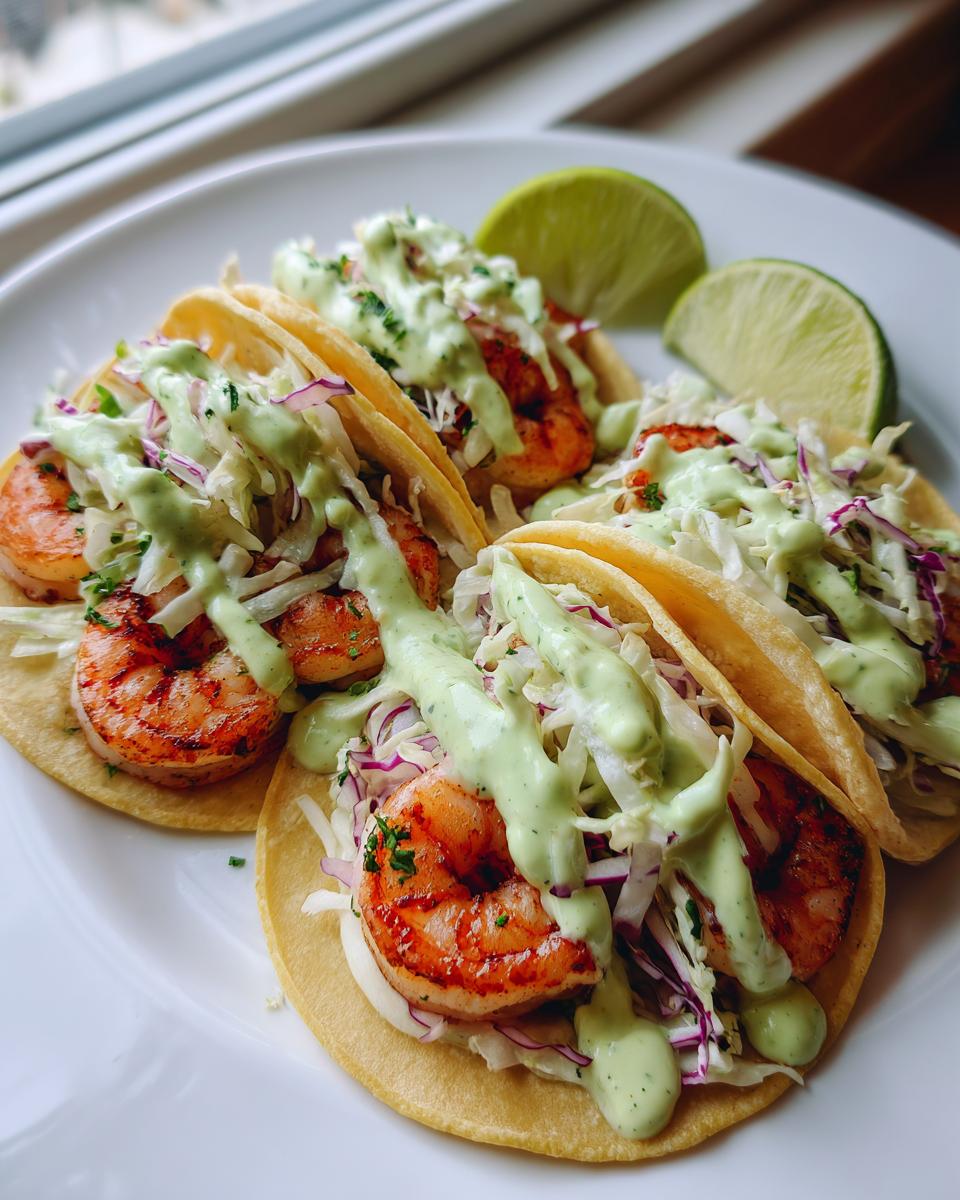 Four delicious shrimp taco servings on a white plate, topped with slaw and creamy green sauce, ready to eat.