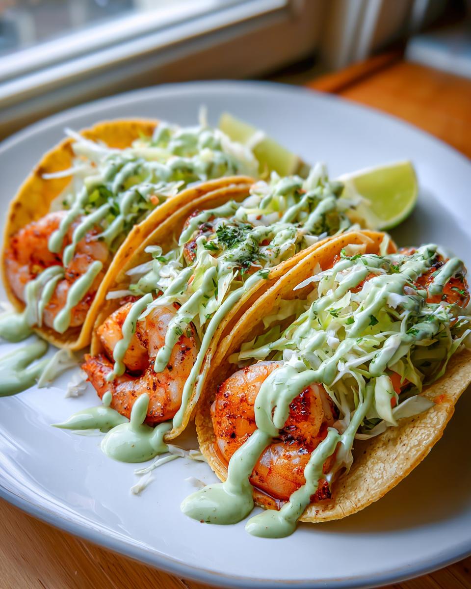 Three delicious shrimp taco shells filled with seasoned shrimp, cabbage slaw, and drizzled generously with a green creamy sauce.